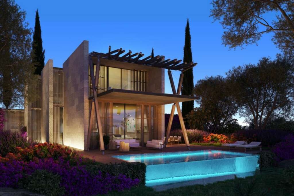 Ovoo Bodrum projesinde Bitez vadisine ve denize hakim teraslı mimariye sahip lüks satılık villa dış görünümü.