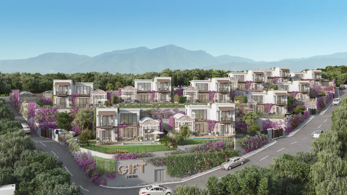 Bodrum Hebil Koyu'nda doğayla iç içe lüks mimariye sahip Gift Hebil satılık villa projesinin dış cephe görünümü.