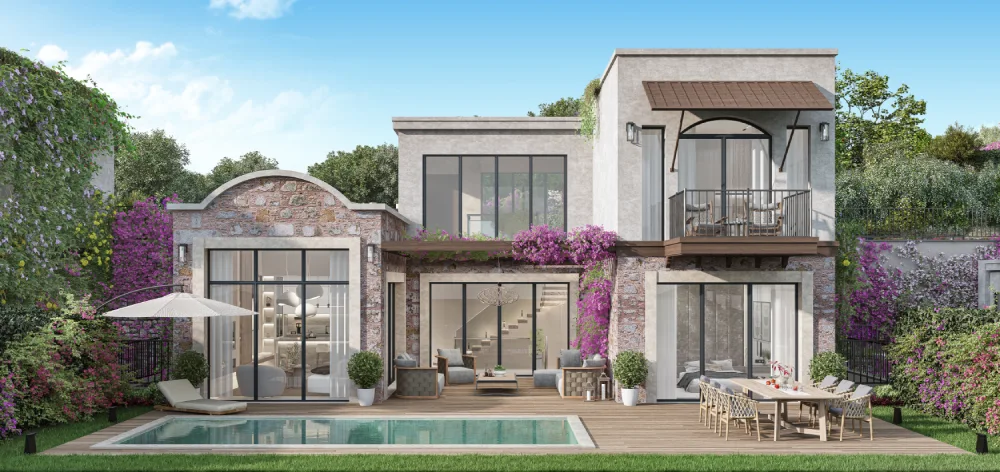 Geniş bahçesi ve özel yüzme havuzuyla öne çıkan Gift Hebil lüks Bodrum satılık villa dış cephe tasarımı.